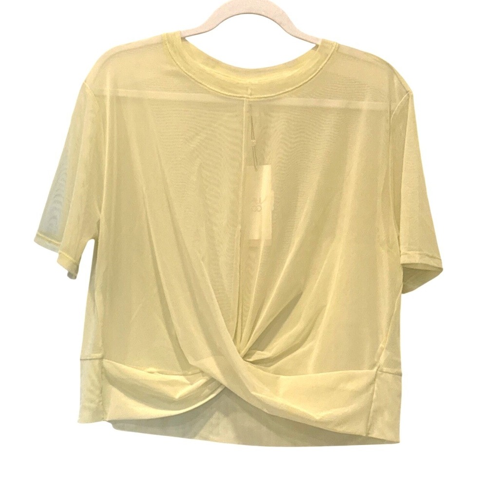 New CALIA Mesh Front Twist Top Medium Yellow Cropped Tee Sheer Activewear Layer - Picture 3 of 9
